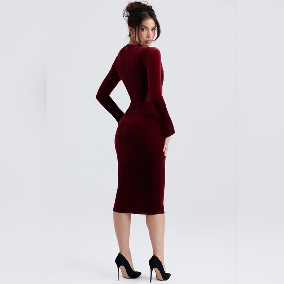 House Of CB Solaine wine red velvet corset dress Long Sleeve Midi S NWT - Picture 5 of 8